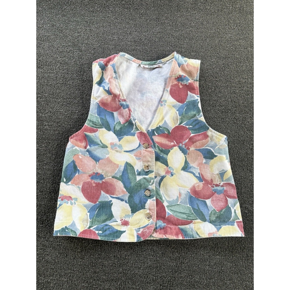 Vintage Orvis Denim Vest Women's M Floral Fruit Print Button Front